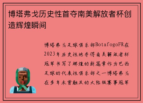 博塔弗戈历史性首夺南美解放者杯创造辉煌瞬间