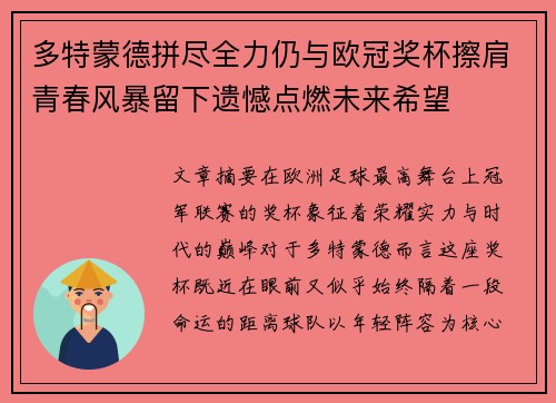 多特蒙德拼尽全力仍与欧冠奖杯擦肩青春风暴留下遗憾点燃未来希望