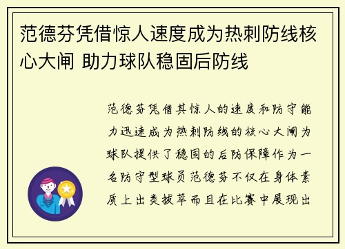 范德芬凭借惊人速度成为热刺防线核心大闸 助力球队稳固后防线